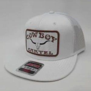 Cowboy Cartel Embroidered Patch Flat Bill Trucker Mesh Cap Hat White Snapback